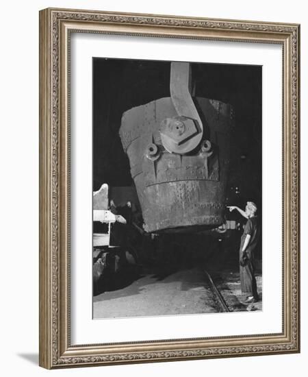 Transfer Car Operator Mae Harris, Signals Craneman to Return Empty, Ladle Bucket to Transfer Car-Margaret Bourke-White-Framed Photographic Print