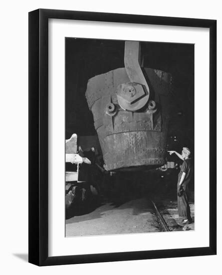 Transfer Car Operator Mae Harris, Signals Craneman to Return Empty, Ladle Bucket to Transfer Car-Margaret Bourke-White-Framed Photographic Print