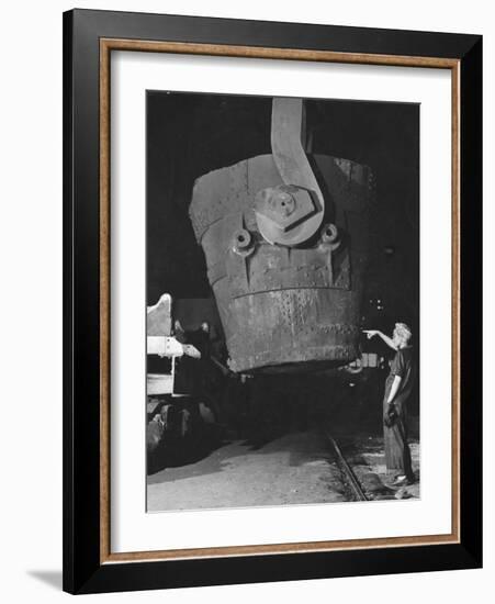 Transfer Car Operator Mae Harris, Signals Craneman to Return Empty, Ladle Bucket to Transfer Car-Margaret Bourke-White-Framed Photographic Print