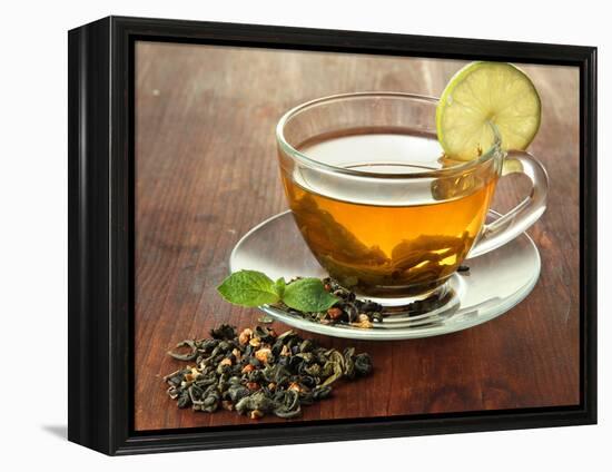 Transparent Cup of Green Tea with Lime on Wooden Background-Yastremska-Framed Premier Image Canvas