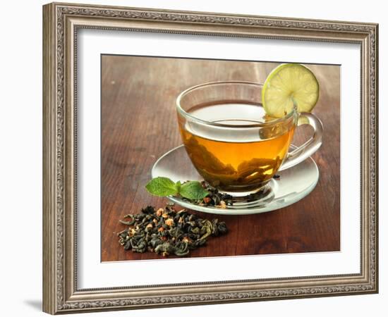 Transparent Cup of Green Tea with Lime on Wooden Background-Yastremska-Framed Photographic Print