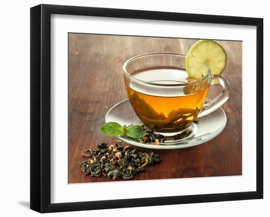 Transparent Cup of Green Tea with Lime on Wooden Background-Yastremska-Framed Photographic Print