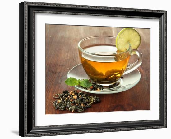 Transparent Cup of Green Tea with Lime on Wooden Background-Yastremska-Framed Photographic Print