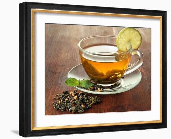 Transparent Cup of Green Tea with Lime on Wooden Background-Yastremska-Framed Photographic Print