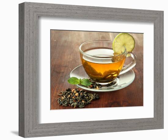 Transparent Cup of Green Tea with Lime on Wooden Background-Yastremska-Framed Photographic Print