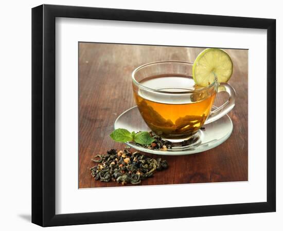 Transparent Cup of Green Tea with Lime on Wooden Background-Yastremska-Framed Photographic Print