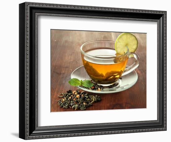 Transparent Cup of Green Tea with Lime on Wooden Background-Yastremska-Framed Photographic Print