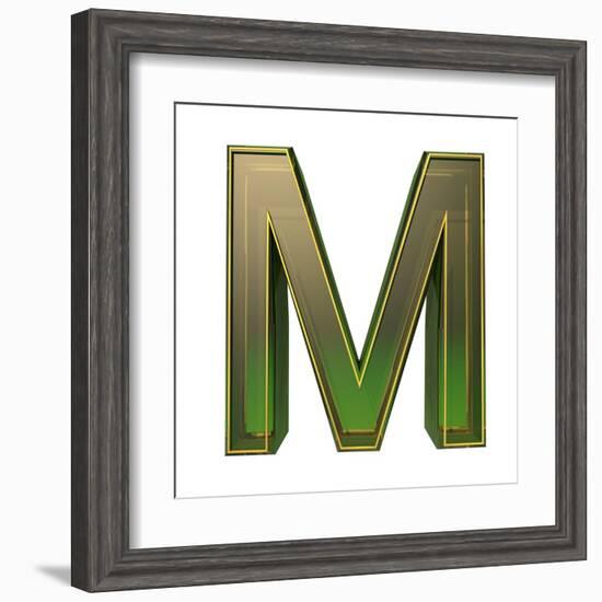 Transparent Emerald Green Alphabet With Gold Edging, 3D Letter M Isolated On White-Andriy Zholudyev-Framed Art Print