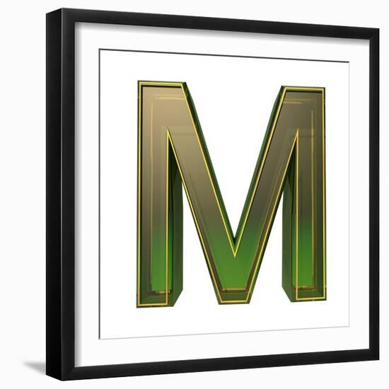 Transparent Emerald Green Alphabet With Gold Edging, 3D Letter M Isolated On White-Andriy Zholudyev-Framed Art Print