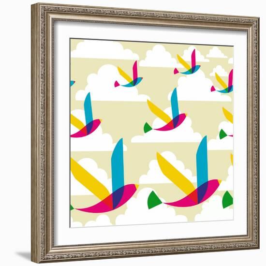 Transparent Multicolored Birds Pattern-cienpies-Framed Art Print