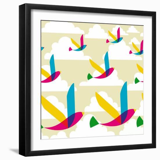 Transparent Multicolored Birds Pattern-cienpies-Framed Art Print