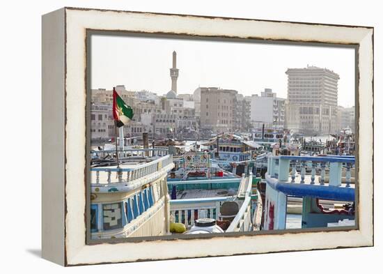 Transport Boats Lined Up at Dubai Creek, Dubai, United Arab Emirates, Middle East-Mark Mawson-Framed Premier Image Canvas