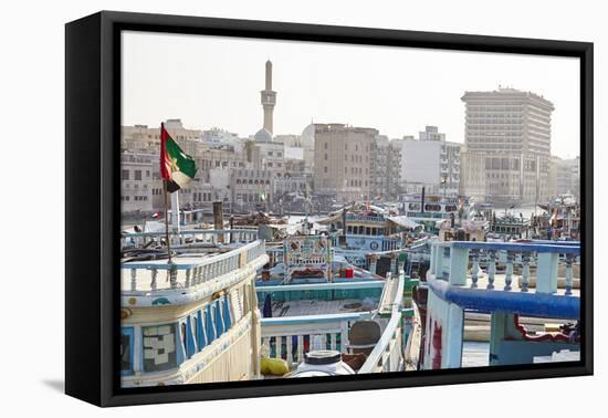 Transport Boats Lined Up at Dubai Creek, Dubai, United Arab Emirates, Middle East-Mark Mawson-Framed Premier Image Canvas