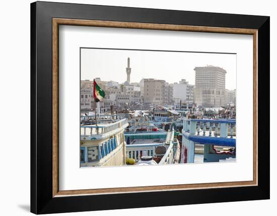 Transport Boats Lined Up at Dubai Creek, Dubai, United Arab Emirates, Middle East-Mark Mawson-Framed Photographic Print