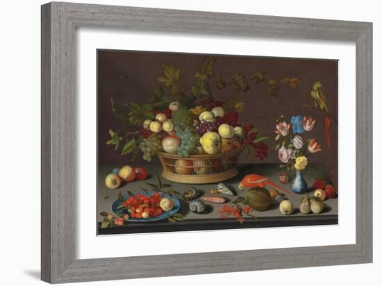 Trauben und andere Früchte in einem Korb, Kirschen und ein Pfirsich auf einem Delfter Teller-Balthasar van der Ast-Framed Giclee Print