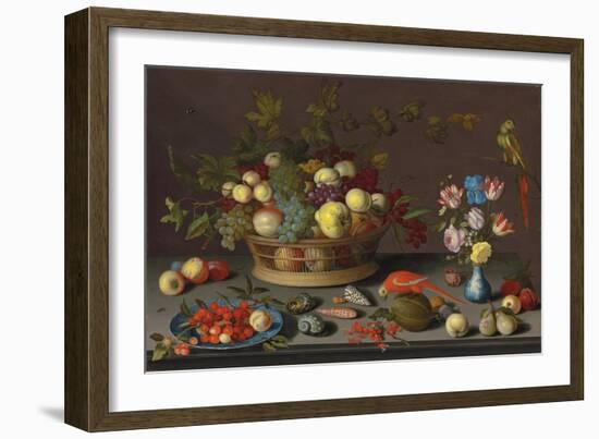 Trauben und andere Früchte in einem Korb, Kirschen und ein Pfirsich auf einem Delfter Teller-Balthasar van der Ast-Framed Giclee Print