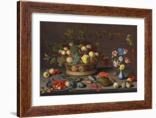 Trauben und andere Früchte in einem Korb, Kirschen und ein Pfirsich auf einem Delfter Teller-Balthasar van der Ast-Framed Giclee Print