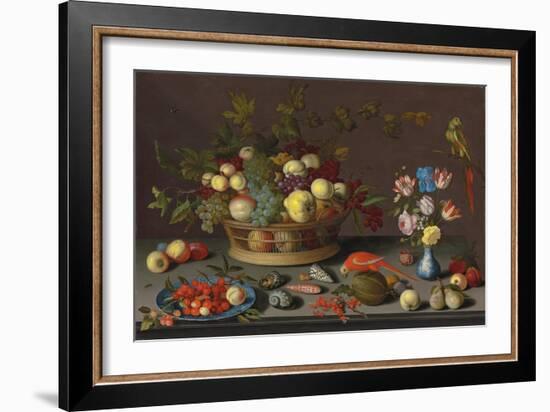 Trauben und andere Früchte in einem Korb, Kirschen und ein Pfirsich auf einem Delfter Teller-Balthasar van der Ast-Framed Giclee Print