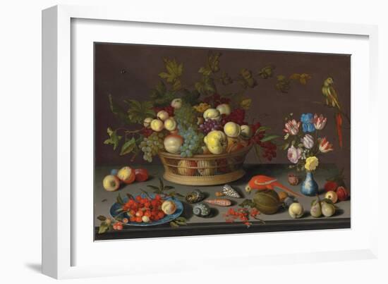 Trauben und andere Früchte in einem Korb, Kirschen und ein Pfirsich auf einem Delfter Teller-Balthasar van der Ast-Framed Giclee Print