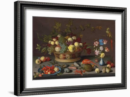 Trauben und andere Früchte in einem Korb, Kirschen und ein Pfirsich auf einem Delfter Teller-Balthasar van der Ast-Framed Giclee Print