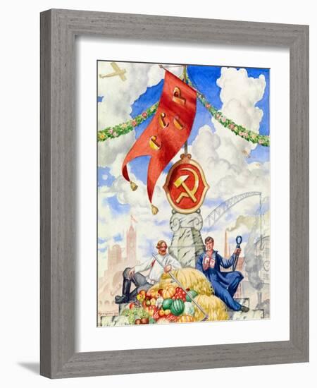 Travailleur Et Fermier Reunis Sous Le Drapeau Communiste  Affiche De Propagande De Boris Michaylov-Boris Mikhailovich Kustodiev-Framed Giclee Print