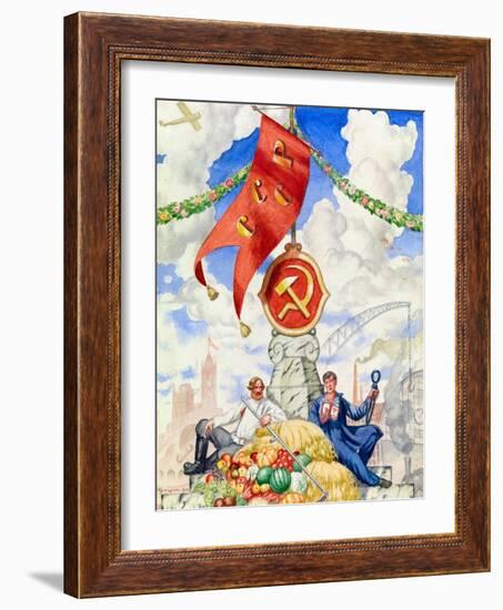 Travailleur Et Fermier Reunis Sous Le Drapeau Communiste  Affiche De Propagande De Boris Michaylov-Boris Mikhailovich Kustodiev-Framed Giclee Print