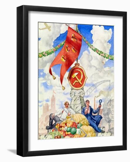 Travailleur Et Fermier Reunis Sous Le Drapeau Communiste  Affiche De Propagande De Boris Michaylov-Boris Mikhailovich Kustodiev-Framed Giclee Print