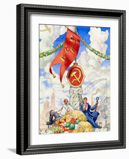 Travailleur Et Fermier Reunis Sous Le Drapeau Communiste  Affiche De Propagande De Boris Michaylov-Boris Mikhailovich Kustodiev-Framed Giclee Print