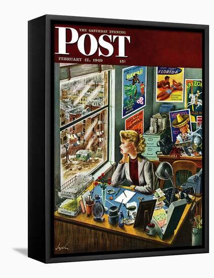 "Travel Agent at Desk," Saturday Evening Post Cover, February 12, 1949-Constantin Alajalov-Framed Premier Image Canvas