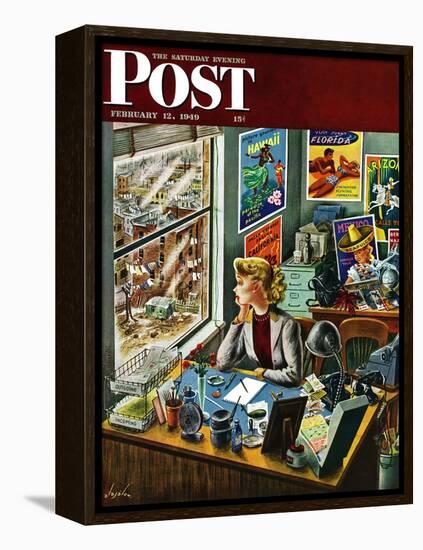 "Travel Agent at Desk," Saturday Evening Post Cover, February 12, 1949-Constantin Alajalov-Framed Premier Image Canvas