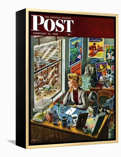 "Travel Agent at Desk," Saturday Evening Post Cover, February 12, 1949-Constantin Alajalov-Framed Premier Image Canvas