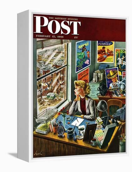 "Travel Agent at Desk," Saturday Evening Post Cover, February 12, 1949-Constantin Alajalov-Framed Premier Image Canvas