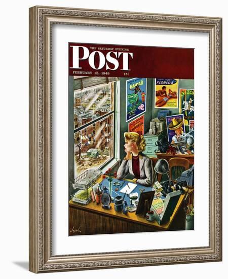 "Travel Agent at Desk," Saturday Evening Post Cover, February 12, 1949-Constantin Alajalov-Framed Giclee Print