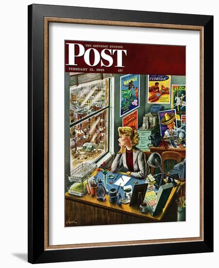 "Travel Agent at Desk," Saturday Evening Post Cover, February 12, 1949-Constantin Alajalov-Framed Giclee Print