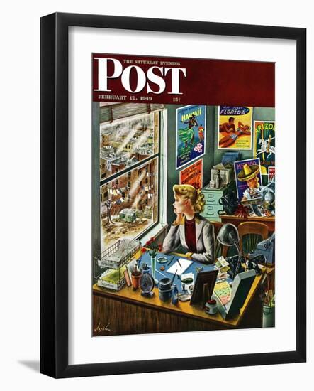 "Travel Agent at Desk," Saturday Evening Post Cover, February 12, 1949-Constantin Alajalov-Framed Giclee Print