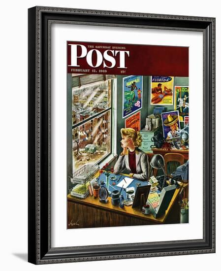 "Travel Agent at Desk," Saturday Evening Post Cover, February 12, 1949-Constantin Alajalov-Framed Giclee Print