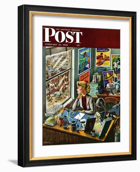 "Travel Agent at Desk," Saturday Evening Post Cover, February 12, 1949-Constantin Alajalov-Framed Giclee Print