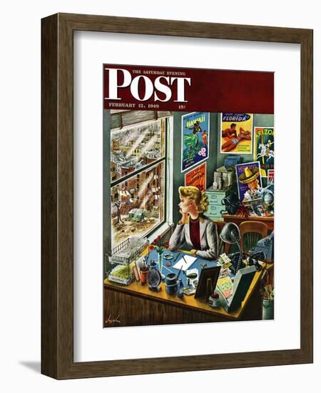 "Travel Agent at Desk," Saturday Evening Post Cover, February 12, 1949-Constantin Alajalov-Framed Giclee Print