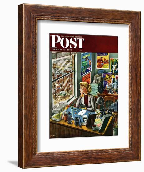 "Travel Agent at Desk," Saturday Evening Post Cover, February 12, 1949-Constantin Alajalov-Framed Giclee Print