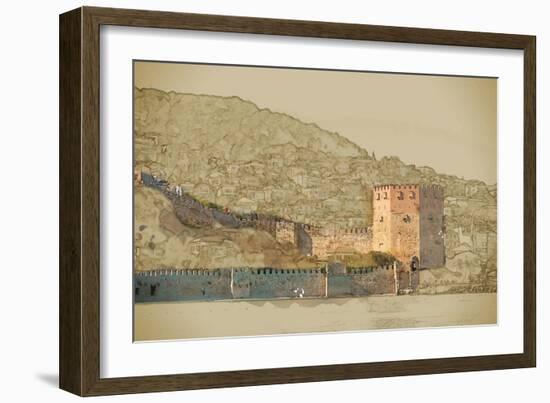 Travel Background in Vector Format. Modern Stylish Painting with Watercolor and Pencil. Kizil Kule-Romas_Photo-Framed Art Print