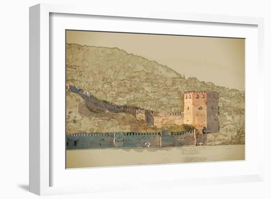 Travel Background in Vector Format. Modern Stylish Painting with Watercolor and Pencil. Kizil Kule-Romas_Photo-Framed Art Print