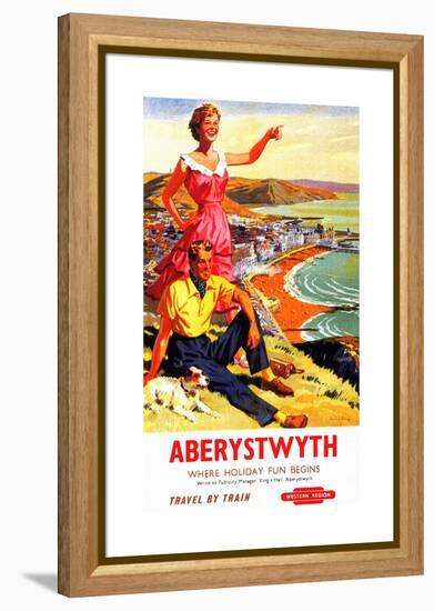 Travel By Train Poster-Aberystwyth-Welsh Tourism-Framed Stretched Canvas