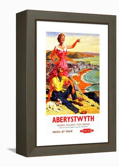 Travel By Train Poster-Aberystwyth-Welsh Tourism-Framed Stretched Canvas