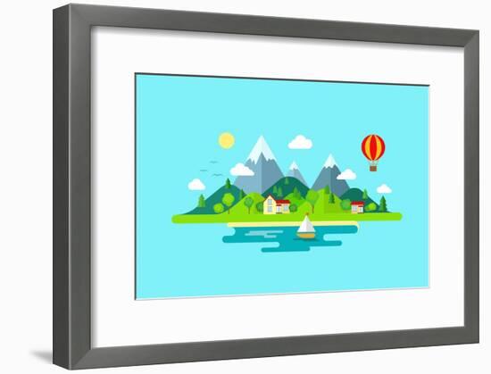 Travel Mountains Island Landscape and Sailing Color Flat Vector Icon Nature Weather Concept Templat-Sentavio-Framed Art Print