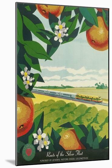 Travel Poster, Train through Orange Orchard-Found Image Press-Mounted Giclee Print