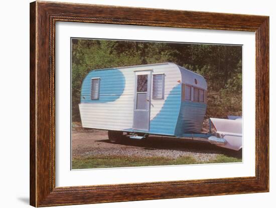 Travel Trailer Hooked to Car with Fins-null-Framed Art Print