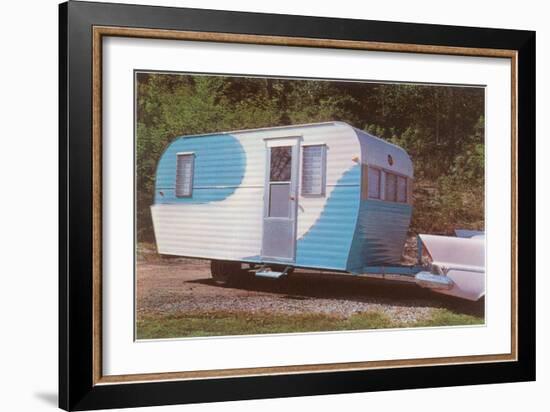 Travel Trailer Hooked to Car with Fins-null-Framed Art Print