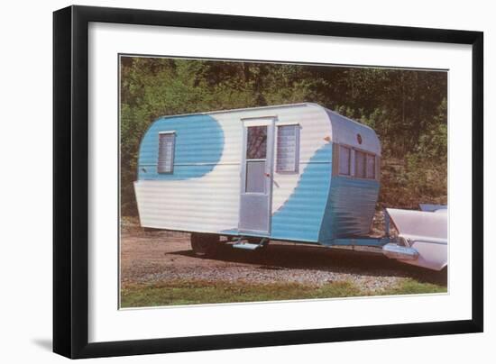 Travel Trailer Hooked to Car with Fins-null-Framed Art Print
