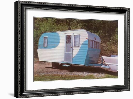 Travel Trailer Hooked to Car with Fins-null-Framed Art Print