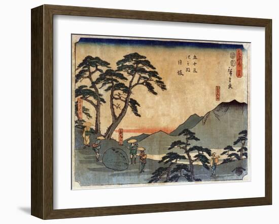 Travelers Standing around Rock at the Nissaka Station, Japanese Wood-Cut Print-Lantern Press-Framed Art Print